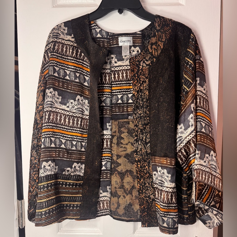 Chico's Cardigan Black, Brown & Cream Patterned Open Jacket Women's size 1
